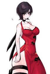 Rule 34 | 1girl, ada wong, bare shoulders, black choker, black eyes, black hair, breasts, choker, cleavage, dress, highres, large breasts, looking at viewer, pouch, red dress, resident evil, short hair, simple background, solo, standing, thick thighs, thigh pouch, thighlet, thighs, usa37107692, white background