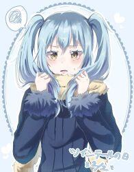 Rule 34 | 1other, alternate hairstyle, androgynous, blue coat, blue hair, chocoeiru, coat, colored eyelashes, d:, fur-trimmed coat, fur-trimmed sleeves, fur trim, hair between eyes, highres, holding, holding own hair, long hair, long sleeves, open mouth, rimuru tempest, speech bubble, sweatdrop, tensei shitara slime datta ken, twintails, yellow eyes
