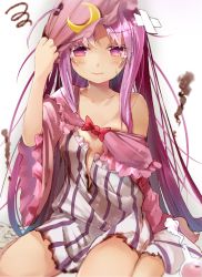 Rule 34 | 1girl, alchemy, bare shoulders, barefoot, capelet, coat, collarbone, commentary request, crescent, crossed bandaids, dress, efe, hat, long hair, long sleeves, looking at viewer, mob cap, no bra, off shoulder, open clothes, open coat, patchouli knowledge, purple eyes, purple hair, sitting, smoke, solo, squiggle, striped clothes, striped dress, tears, torn clothes, torn dress, touhou, very long hair, wariza, wide sleeves