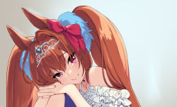Rule 34 | 1girl, animal ears, bare shoulders, bow, brown hair, closed mouth, daiwa scarlet (umamusume), gradient background, hair bow, hair intakes, hands on own knees, head rest, horse ears, interlocked fingers, knees up, lips, long hair, looking at viewer, own hands clasped, own hands together, red bow, red eyes, shirt, sitting, sleeveless, sleeveless shirt, smile, solo, sumeragi kohaku, tiara, twintails, umamusume, white shirt