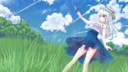 Rule 34 | 1girl, absurdres, arm up, bare arms, blue bow, blue dress, blue eyes, blue hair, blue sky, blush, bow, bug, butterfly, butterfly on hand, cloud, cloudy sky, colored tips, commission, commissioner upload, day, dress, forest, ganerz, grass, hair between eyes, hat, highres, insect, light blue hair, long hair, multicolored clothes, multicolored dress, multicolored hair, nature, original, photoshop (medium), sidelocks, sky, solo, two-tone hair, white dress, white hair, white hat, yasui fuyu