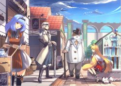 Rule 34 | 2boys, 2girls, animal ears, apron, arch, barrel, black bow, black legwear, blonde hair, blue eyes, blue hair, blue sky, boots, bow, building, buttons, cafe, cane, cart, cloud, crimson k night, day, dress, fantasy, fountain, fox ears, fox tail, furry, hair bow, hair ribbon, hand in pocket, hat, helic (7317helic), high collar, holding, holding sword, holding weapon, hugging own tail, hugging tail, lace-up legwear, long hair, long sleeves, looking at another, milk, milk carton, monocle, multiple boys, multiple girls, neck ribbon, orange eyes, original, outdoors, pants, pavement, pinstripe pattern, pleated dress, puffy short sleeves, puffy sleeves, red dress, restaurant, ribbon, short sleeves, sign, sitting, sky, standing, striped clothes, striped pants, sword, tail, tail ornament, tail ribbon, thighhighs, tile roof, top hat, town, vertical-striped clothes, vertical-striped pants, very long hair, vest, waitress, weapon, white dress, white hair, yellow eyes