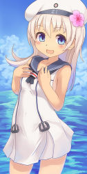 Rule 34 | 10s, 1girl, alternate costume, bare shoulders, blonde hair, blue eyes, cowboy shot, dress, flower, hair flower, hair ornament, hands on own chest, hat, kantai collection, long hair, looking at viewer, neckerchief, ro-500 (kancolle), sailor collar, sailor dress, sailor hat, shinovi, smile, solo, tan, tanline, white dress