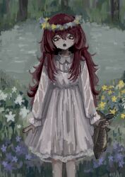 Rule 34 | 1girl, animal, arms at sides, buttons, collared dress, dress, feet out of frame, fish, flower, flower wreath, hair between eyes, head wreath, highres, holding, holding animal, holding fish, long hair, long sleeves, looking at viewer, nature, open mouth, original, outdoors, purple flower, red eyes, red hair, sharp teeth, shiona (siona0625), solo, standing, straight-on, teeth, wet, wet clothes, wet hair, white dress, white flower, yellow flower