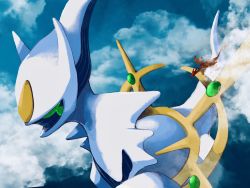 Rule 34 | above clouds, arceus, charizard, cloud, commentary request, creatures (company), dragon, flame-tipped tail, flying, game freak, gen 1 pokemon, gen 4 pokemon, giant, gogot, highres, horns, legendary pokemon, mythical pokemon, nintendo, no humans, pokemon, pokemon (creature), spikes