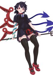 Rule 34 | 1girl, absurdres, asymmetrical wings, black dress, black hair, blue wings, bow, dress, highres, houjuu nue, looking at viewer, polearm, poronegi, red bow, red eyes, red footwear, shoes, solo, thighhighs, touhou, trident, weapon, wings