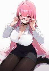Rule 34 | 1girl, ahoge, alternate costume, black skirt, blush, breasts, cleavage, glasses, highres, hololive, hololive english, koahri, large breasts, long hair, looking at viewer, miniskirt, mori calliope, office lady, pantyhose, pencil skirt, pink eyes, pink hair, skirt, solo, virtual youtuber