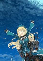 Rule 34 | 10s, 1girl, :d, atago (kancolle), beret, blonde hair, blue sky, breasts, bug, cloud, cowboy shot, crane (machine), dragonfly, closed eyes, female focus, happy, hat, bug, kantai collection, konno takashi (frontier pub), large breasts, long hair, mecha musume, military, military uniform, open mouth, outstretched arms, pantyhose, sky, smile, solo, twitter username, uniform, upper body