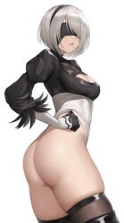 Rule 34 | 1girl, 2b (nier:automata), absurdres, ass, black blindfold, black hairband, blindfold, bob cut, breasts, clothes lift, curvy, hairband, highleg, highleg leotard, highres, juliet sleeves, kurone rinka, leotard, leotard lift, long sleeves, medium breasts, mole, mole under mouth, nier:automata, nier (series), parted lips, puffy sleeves, shiny skin, short hair, simple background, solo, thighs, thong leotard, wedgie, white background, white hair, white leotard, wide hips