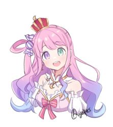 Rule 34 | 1girl, artist name, blue hair, candy hair ornament, crown, detached collar, detached sleeves, dress, food-themed hair ornament, gradient hair, green eyes, hair ornament, hair rings, head tilt, heterochromia, highres, himemori luna, himemori luna (1st costume), hololive, looking at viewer, multicolored hair, open mouth, pink dress, pink hair, princess, purple eyes, purple hair, side ponytail, smile, solo, upper body, virtual youtuber, vyolfers, white background