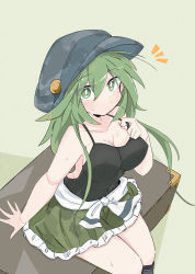 Rule 34 | 1girl, absurdres, alternate costume, black tank top, breasts, camouflage, camouflage headwear, camouflage skirt, cleavage, closed mouth, feet out of frame, frilled skirt, frills, green background, green eyes, green hair, green skirt, hair between eyes, highres, long hair, looking at viewer, massakasama (style), medium breasts, sitting, skirt, solo, sweat, tank top, tatutaniyuuto, touhou, yamashiro takane