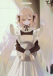 Rule 34 | 1girl, absurdres, angel, angel wings, apron, black dress, brown eyes, brown hair, closed mouth, commentary request, crossed arms, curtains, dress, feathered wings, frilled apron, frills, halo, highres, holding, holding tray, indoors, long sleeves, looking at viewer, maid, maid apron, maid headdress, original, signature, sofra, solo, standing, tray, twitter username, two side up, white apron, white wings, window, wings