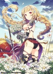 Rule 34 | 1girl, armor, ass, belt, bikini armor, black panties, blonde hair, blue sky, blunt bangs, boots, bouquet, braid, breasts, copyright name, cross, daisy, field, floating hair, flower, flower field, from side, gauntlets, h2so4, hair flower, hair ornament, hairband, long skirt, looking at viewer, outdoors, panties, petals, qurare magic library, red eyes, red skirt, shoulder pads, side braid, side slit, sideboob, skirt, sky, smile, solo, standing, sword, thigh boots, thighhighs, twin braids, underwear, weapon