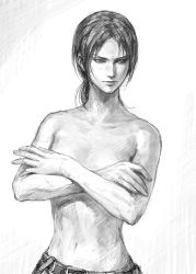 Rule 34 | 1girl, absurdres, crossed arms, faux traditional media, freckles, greyscale, highres, looking away, lotus (elico), monochrome, parted bangs, ponytail, realistic, shingeki no kyojin, short hair, solo, topless, ymir (shingeki no kyojin)