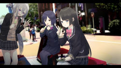 Rule 34 | 3girls, :d, absurdres, black hair, black jacket, black legwear, black skirt, blazer, blue eyes, blue sky, blurry, blurry background, blush, bow, bowtie, brown cardigan, brown eyes, building, cardigan, collared shirt, commentary request, dango, day, eating, food, fork, hair between eyes, hair bow, hair ornament, hairclip, high ponytail, highres, higuchi kaede, higuchi kaede (1st costume), holding, holding food, holding fork, jacket, long hair, long sleeves, misaki nonaka, multiple girls, necktie, nijisanji, open clothes, open jacket, open mouth, outdoors, pantyhose, pink neckwear, plaid, plaid skirt, pleated skirt, ponytail, purple eyes, purple hair, purple neckwear, sanshoku dango, shirt, shizuka rin, shizuka rin (1st costume), silver hair, sitting, skirt, sky, smile, striped bow, striped bowtie, striped clothes, striped neckwear, sweater, teeth, tree, tsukino mito, tsukino mito (1st costume), upper teeth only, v, very long hair, virtual youtuber, wagashi, white bow, white legwear, white shirt