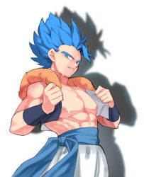 Rule 34 | 1boy, abs, bara, bare pectorals, blue hair, cowboy shot, cropped jacket, dragon ball, dragon ball (classic), jacket, jiayu long, large pectorals, male focus, muscular, muscular male, nipples, open clothes, open jacket, pectorals, short hair, smile, solo, spiked hair, stomach, super saiyan, super saiyan blue, sweat, vegetto