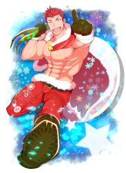 Rule 34 | 1boy, abs, absurdres, alternate costume, bara, blue eyes, bulge, crow (siranui), foreshortening, highres, large pectorals, male focus, muscular, nipples, pectorals, pollux (housamo), red hair, santa costume, short hair, simple background, smile, solo, tokyo houkago summoners, upper body
