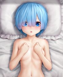 Rule 34 | 10s, 1girl, :o, aki99, bed sheet, blue eyes, blue hair, blush, body blush, breasts, collarbone, covering privates, covering breasts, eyes visible through hair, frilled pillow, frills, from above, hands on own chest, highres, indoors, lying, matching hair/eyes, navel, nude, on back, open mouth, pillow, re:zero kara hajimeru isekai seikatsu, rem (re:zero), short hair, solo, stomach, tareme