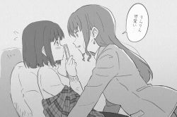 Rule 34 | 2girls, age difference, aged down, aged up, bang dream!, blazer, blush, book, commentary request, covering own mouth, earrings, flying sweatdrops, from side, greyscale, holding, holding book, jacket, jewelry, long hair, looking at another, monochrome, multiple girls, open mouth, pillow, plaid, shibasaki shouji, shirokane rinko, short hair, sidelocks, smile, time paradox, translation request, udagawa ako