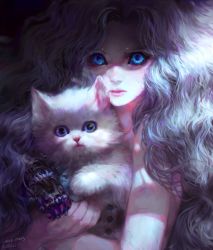 Rule 34 | 1girl, animal, artist name, blue eyes, cat, closed mouth, commentary request, english text, han seung hee, holding, holding animal, korean commentary, lips, long hair, looking at viewer, mechanical legs, mechanical paw, mixed-language commentary, original, partial commentary, pink lips, revision, serious, shaded face, single mechanical leg, solo, veins, watermark, wavy hair, white cat
