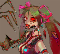 Rule 34 | 1girl, android, breasts, brockenspectre, calne ca (deino), female focus, hair ribbon, hatsune miku, looking at viewer, mechanical, nato-kun, red eyes, ribbon, solo, tongue, twintails, upper body, vocaloid