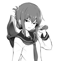 Rule 34 | 1girl, anchor, anchor symbol, ebiblue, folded ponytail, greyscale, hair between eyes, hair ornament, hairclip, holding, holding anchor, inazuma (kancolle), kantai collection, long hair, long sleeves, monochrome, open mouth, sailor collar, school uniform, serafuku, shirt, simple background, solo, upper body, white background
