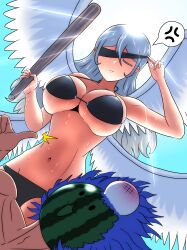 Rule 34 | 1boy, 1girl, 5rira, absurdres, anger vein, bikini, black blindfold, black bow, blindfold, blush, bow, breasts, bruise, cat (nyanko daisensou), cat valkyrie (nyanko daisensou), closed eyes, club (weapon), food, fruit, grey hair, highres, injury, large breasts, muscular, navel, nyanko daisensou, peeking, spoken anger vein, summer, sun, sunlight, swimsuit, thumbs up, watermelon, weapon, wings