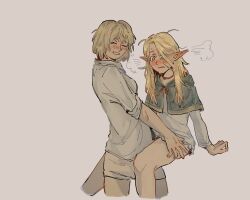 Rule 34 | 2girls, ^ ^, blonde hair, blue cape, blush, bottomless, cape, closed eyes, commentary, cropped legs, dungeon meshi, ear blush, elf, english commentary, falin touden, green eyes, guitarmuncher, hair down, highres, long hair, looking at viewer, looking down, marcille donato, messy hair, multiple girls, nose blush, parted lips, pointy ears, shirt, short hair, steam from ears, thighs, wavy hair, white shirt, yuri