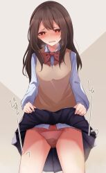 Rule 34 | 1girl, blue skirt, blush, bow, bowtie, breasts, breath, bright pupils, brown hair, brown vest, clothes lift, collared shirt, cowboy shot, embarrassed, female focus, grey background, half-closed eyes, highres, japanese text, lifted by self, long hair, long sleeves, looking at viewer, miniskirt, open mouth, original, panties, pee, peeing, peeing self, pink panties, plaid, plaid bow, plaid bowtie, pleated skirt, raised eyebrows, red bow, red bowtie, red eyes, school uniform, shirt, sidelocks, simple background, skirt, skirt lift, small breasts, solo, standing, steam, sweat, thighs, translation request, two-tone background, underwear, vest, watakarashi, wet, wet clothes, wet panties, white pupils, white shirt