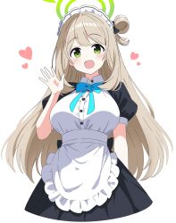 Rule 34 | 1girl, :d, alternate costume, apron, arm at side, black skirt, blue archive, blue ribbon, blush, breasts, buttons, collared shirt, cropped legs, dot nose, enmaided, frilled apron, frills, green eyes, hair bun, halo, hand up, heart, highres, kousuke0912, large breasts, light brown hair, long bangs, long hair, looking at viewer, maid, maid headdress, neck ribbon, nonomi (blue archive), open hand, open mouth, pleated skirt, puffy short sleeves, puffy sleeves, ribbon, shirt, short sleeves, sidelocks, single side bun, skirt, smile, solo, waist apron, white apron, white shirt