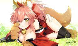 Rule 34 | 1girl, ;3, animal ear fluff, animal ears, animal hands, bare shoulders, bell, black legwear, breasts, cat paws, cleavage, collar, commentary, commentary request, detached sleeves, fate/grand order, fate (series), fox ears, fox tail, gloves, hair ribbon, highres, japanese clothes, jingle bell, kimono, large breasts, long hair, looking at viewer, lying, mo253, neck bell, on stomach, one eye closed, paw gloves, paw shoes, pink hair, ponytail, red kimono, red ribbon, ribbon, shoes, solo, tail, tamamo (fate), tamamo cat (fate), tamamo cat (first ascension) (fate), yellow eyes