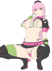 Rule 34 | bad id, bad twitter id, belt, belt skirt, boots, braid, breasts, fate/grand order, fate (series), florence nightingale (fate), florence nightingale (trick or treatment) (fate), halloween, hat, large breasts, long hair, michihasu, official alternate costume, pink hair, red eyes, revealing clothes, shrug (clothing), single braid, skirt, solo, squatting, thigh boots, thighhighs