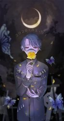 Rule 34 | 1boy, aesop carl, artist name, blue butterfly, breast pocket, bug, butterfly, character name, cloud, cloudy sky, coat, crescent moon, dated, english text, eyeshadow, flower, gloves, graveyard, grey eyes, grey hair, highres, holding, holding flower, identity v, ihirocat, bug, long sleeves, makeup, male focus, mask, moon, mouth mask, night, night sky, petals, pocket, red eyeshadow, short hair, sky, solo, surgical mask, symbol-shaped pupils, tombstone, watermark, web address, white gloves, yellow flower