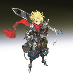 1boy absurdres armor arowana2111 black_shirt blonde_hair cape highres holding holding_sword holding_weapon male_focus original red_cape red_eyes shirt shoulder_armor spiked_hair sword weapon