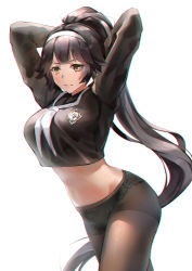 Rule 34 | 1girl, arms up, asanogawa (tutufcc), azur lane, black hair, black serafuku, black shirt, breasts, brown eyes, brown pantyhose, closed mouth, commentary request, hairband, high ponytail, highres, large breasts, long hair, long sleeves, looking at viewer, neckerchief, no pants, panties, panties under pantyhose, pantyhose, ponytail, school uniform, serafuku, shirt, simple background, solo, takao (azur lane), takao (school romanza) (azur lane), underwear, v-shaped eyebrows, very long hair, white background, white hairband, white neckerchief