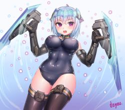 Rule 34 | &gt;:o, 10s, 1girl, :o, artist name, black gloves, black thighhighs, blue hair, blush, breasts, cleavage, contrapposto, covered erect nipples, covered navel, cowboy shot, crossed bangs, doyouwantto, dual wielding, elbow gloves, frame arms girl, gloves, hair between eyes, headgear, holding, holding sword, holding weapon, hraesvelg, hresvelgr, large breasts, mecha musume, one-piece swimsuit, open mouth, purple eyes, school swimsuit, short hair, smile, solo, standing, swimsuit, sword, thighhighs, thighs, v-shaped eyebrows, weapon