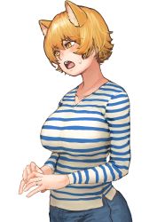 Rule 34 | 1girl, absurdres, animal ear fluff, animal ears, blonde hair, blush, breasts, chanta (ayatakaoisii), collarbone, cowboy shot, denim, fox ears, highres, jeans, jewelry, large breasts, looking away, no headwear, no tail, open mouth, pants, ring, shirt, short hair, simple background, solo, striped clothes, striped shirt, touhou, white background, yakumo ran, yellow eyes