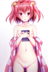 Rule 34 | 1girl, bell, blush, book, breasts, censored, ebi 193, hair bell, hair ornament, has uncensored version, heart, heart censor, jingle bell, looking at viewer, medium hair, motoori kosuzu, navel, nipples, nude, open mouth, red eyes, red hair, small breasts, solo, standing, touhou, twintails, two side up