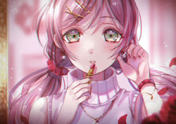 Rule 34 | 1girl, absurdres, applying makeup, bad id, bad pixiv id, blush, close-up, green eyes, hair ornament, hairclip, highres, jewelry, kebaboishii, lipstick, long hair, looking at viewer, love live!, love live! school idol project, makeup, necklace, purple hair, solo, tojo nozomi