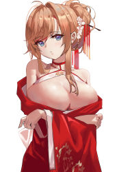 Rule 34 | 1girl, absurdres, azur lane, bare shoulders, blonde hair, blue eyes, bow, braid, breasts, cleavage, closed mouth, commentary request, crossed arms, dress, flower, glorious (azur lane), glorious (pungent plum) (azur lane), hair between eyes, hair bow, hair flower, hair intakes, hair ornament, hair stick, highres, l.j., large breasts, light blush, long hair, long sleeves, looking at viewer, multicolored hair, off shoulder, official alternate costume, red dress, red hair, sidelocks, simple background, solo, standing, streaked hair, swept bangs, upper body, white background, wide sleeves