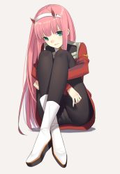 Rule 34 | 1girl, black pantyhose, boots, chiiio, darling in the franxx, full body, green eyes, grey background, hairband, horns, hugging own legs, long hair, looking at viewer, military, military uniform, panties, panties under pantyhose, pantyhose, parted lips, pink hair, simple background, sitting, smile, solo, underwear, uniform, very long hair, white footwear, white hairband, zero two (darling in the franxx)