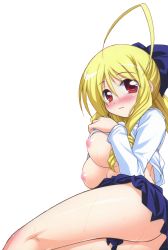 Rule 34 | 1girl, ahoge, ass, blonde hair, blush, breasts, butt crack, clothes lift, drill hair, hand on own chest, hayate no gotoku!, highres, large breasts, legs, long hair, miniskirt, nipples, pussy, pussy juice, red eyes, shirt lift, skirt, solo, tennousu athena, thighs, transparent background, underboob, watsuki ayamo