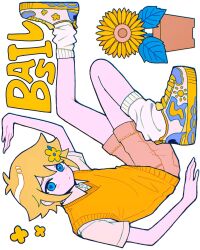 Rule 34 | 0tz026, 1boy, basil (faraway) (omori), basil (omori), blonde hair, blue eyes, blush, brown shorts, character name, closed mouth, collared shirt, expressionless, flower, hair flower, hair ornament, highres, looking at viewer, omori, plant, potted plant, shirt, shoes, short hair, short sleeves, shorts, sneakers, socks, solo, sweater vest, white shirt, white socks, yellow sweater vest