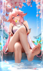Rule 34 | 1girl, barefoot, bottle, cherry blossoms, crossed legs, feet, genshin impact, highres, light blush, liu liaoliao, long hair, looking at viewer, milk bottle, parted lips, pink hair, purple eyes, sitting, soles, toes, water, yae miko
