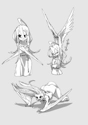 Rule 34 | 1girl, ahoge, all fours, angry, arms up, crossed arms, dress, closed eyes, feathered wings, female focus, greyscale, hair between eyes, harpy, highres, long hair, looking away, monochrome, monster girl, mutouki, open mouth, original, pout, shadow, solo, stretching, wings
