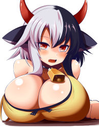 Rule 34 | 1girl, animal ears, animal print, breasts, cleavage, cow ears, cow girl, cow horns, gero zoukin, highres, horns, huge breasts, multicolored hair, red horns, solo, split-color hair, tank top, touhou, two-tone hair, ushizaki urumi