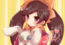 Rule 34 | 1girl, alternate eye color, ashley (warioware), black hair, blush, button eyes, buttons, character name, closed mouth, commentary request, dress, hairband, heart, holding, holding stuffed toy, long hair, long sleeves, looking at viewer, meiwari, neckerchief, nintendo, orange hairband, orange neckerchief, portrait, purple eyes, red dress, signature, solo, striped, striped background, stuffed animal, stuffed rabbit, stuffed toy, swept bangs, twintails, vertical stripes, warioware, yellow background