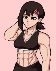 Rule 34 | 1girl, abs, alternate costume, breasts, brown hair, chainsaw man, embarrassed, female focus, gym uniform, higashiyama kobeni, highres, kermittend, large breasts, looking at viewer, muscular, muscular female, pants, shirt, short hair, sleeveless, sleeveless shirt, solo, source request, spots