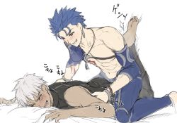 Rule 34 | 2boys, abs, archer (fate), barefoot, blue hair, blush, commentary request, cu chulainn (fate), cu chulainn (fate/stay night), cu chulainn (second ascension) (fate), dark-skinned male, dark skin, earrings, fate/zero, fate (series), grey background, grey hair, grin, jewelry, kneeling, looking at another, lying, male focus, mondi hl, multiple boys, navel, necklace, official alternate costume, on person, on stomach, open mouth, ponytail, red eyes, short hair, sitting, sitting on person, sketch, smile, tickling, tickling armpits, translation request, white background, white hair, yaoi
