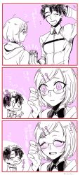 Rule 34 | 1boy, 1girl, bad id, bad pixiv id, black hair, closed eyes, comic, fate/grand order, fate (series), fujimaru ritsuka (male), gift, glasses, hair ornament, hairpin, highres, mash kyrielight, monochrome, necktie, ni1ten xx00, open mouth, short hair, smile, spot color, translation request